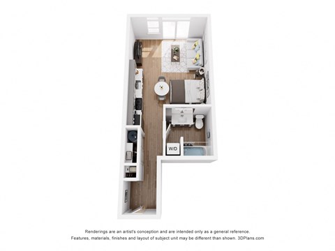 a stylized floor plan with a bedroom and a living room